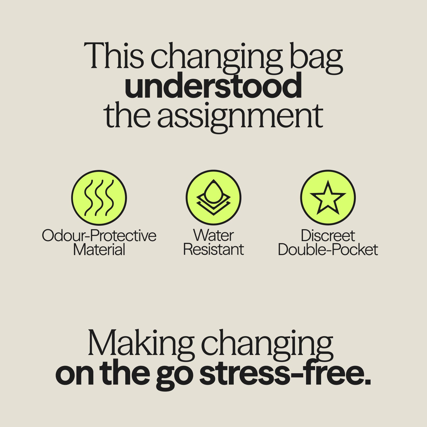 WUKA Two Pocket Changing Bag key features graphic: odour-protective, water-resistant, and discreet double-pocket design for stress-free period changes.