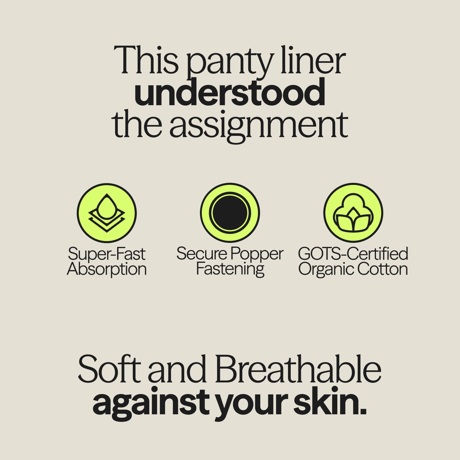 Infographic highlighting features of WUKA reusable panty liners including super-fast absorption, secure popper fastening, and breathable GOTS-certified organic cotton.