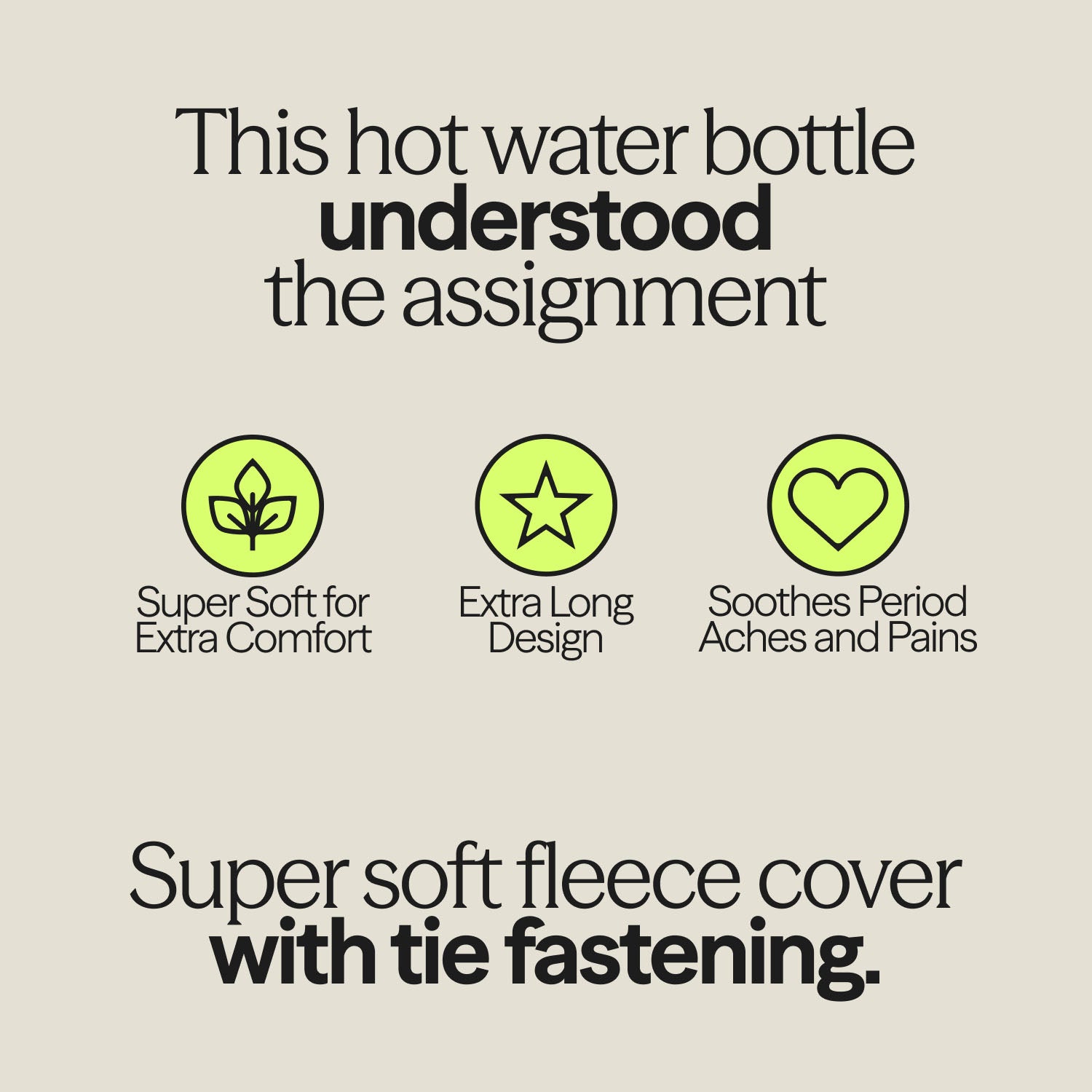Graphic highlighting features of WUKA wearable hot water bottle — super soft, extra-long, and relieves period aches.