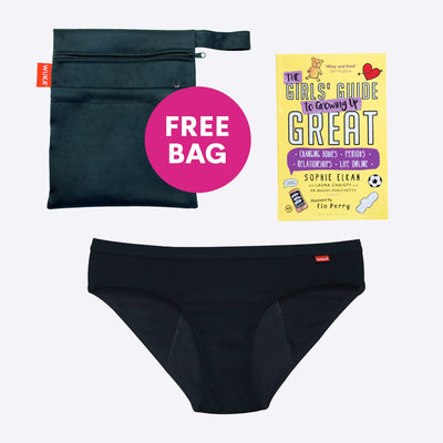 WUKA First Period Pack - Hipster Style - Medium Absorbency - Black Colour - Girls Guide to Growing Up Great
