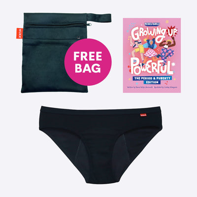 WUKA First Period Pack - Hipster Style - Medium Absorbency - Black Colour - Rebel Girls Growing Up Powerful