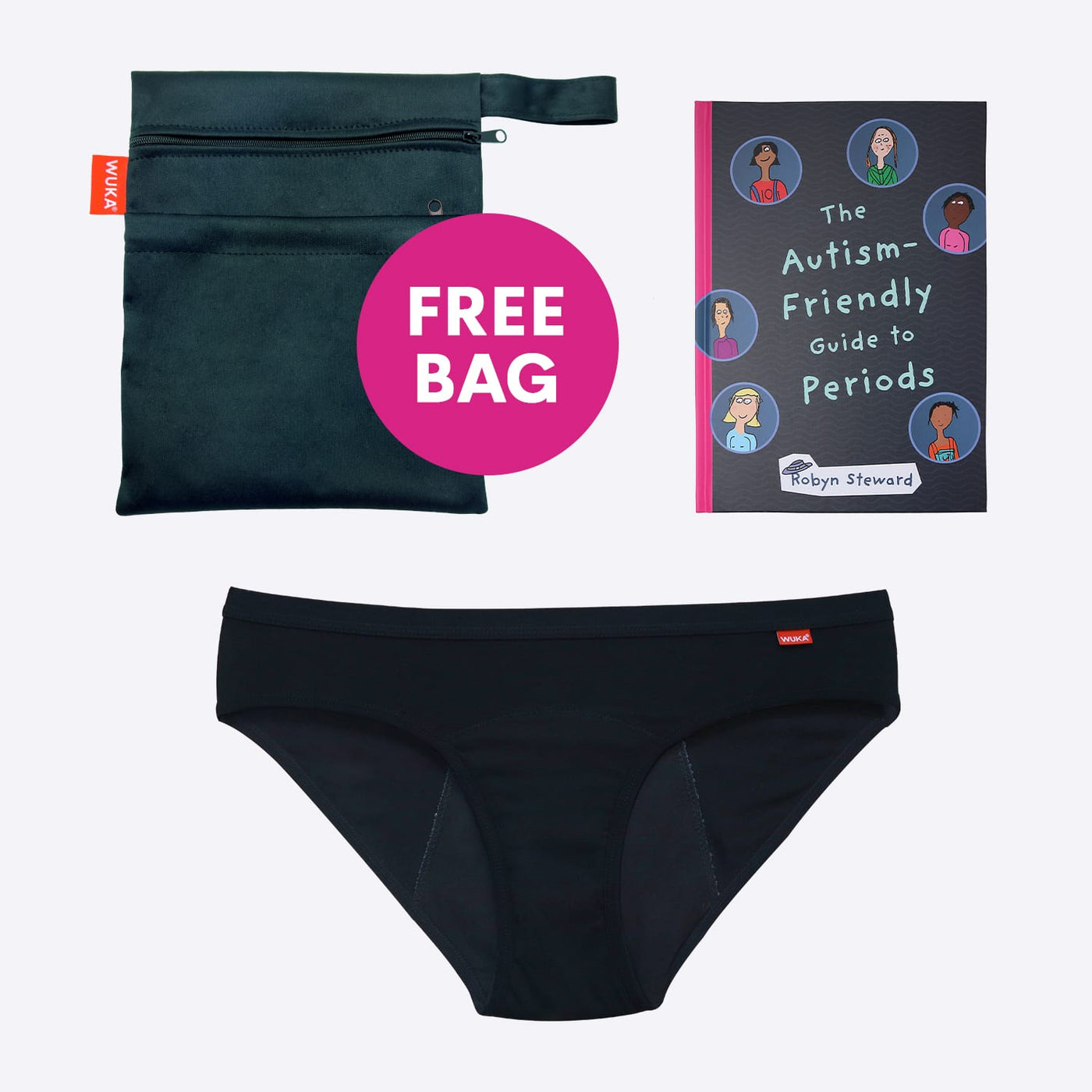 WUKA First Period Pack - Hipster Style - Medium Absorbency - Black Colour - Autism-Friendly Guide To Periods