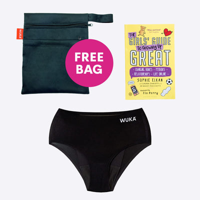 WUKA First Period Pack - Stretch Style - Super Heavy Absorbency - Black Colour - Girls Guide to Growing Up Great
