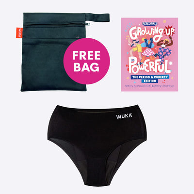 WUKA First Period Pack - Stretch Style - Super Heavy Absorbency - Black Colour - Rebel Girls Growing Up Powerful
