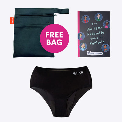 WUKA First Period Pack - Stretch Style - Super Heavy Absorbency - Black Colour - Autism-Friendly Guide To Periods