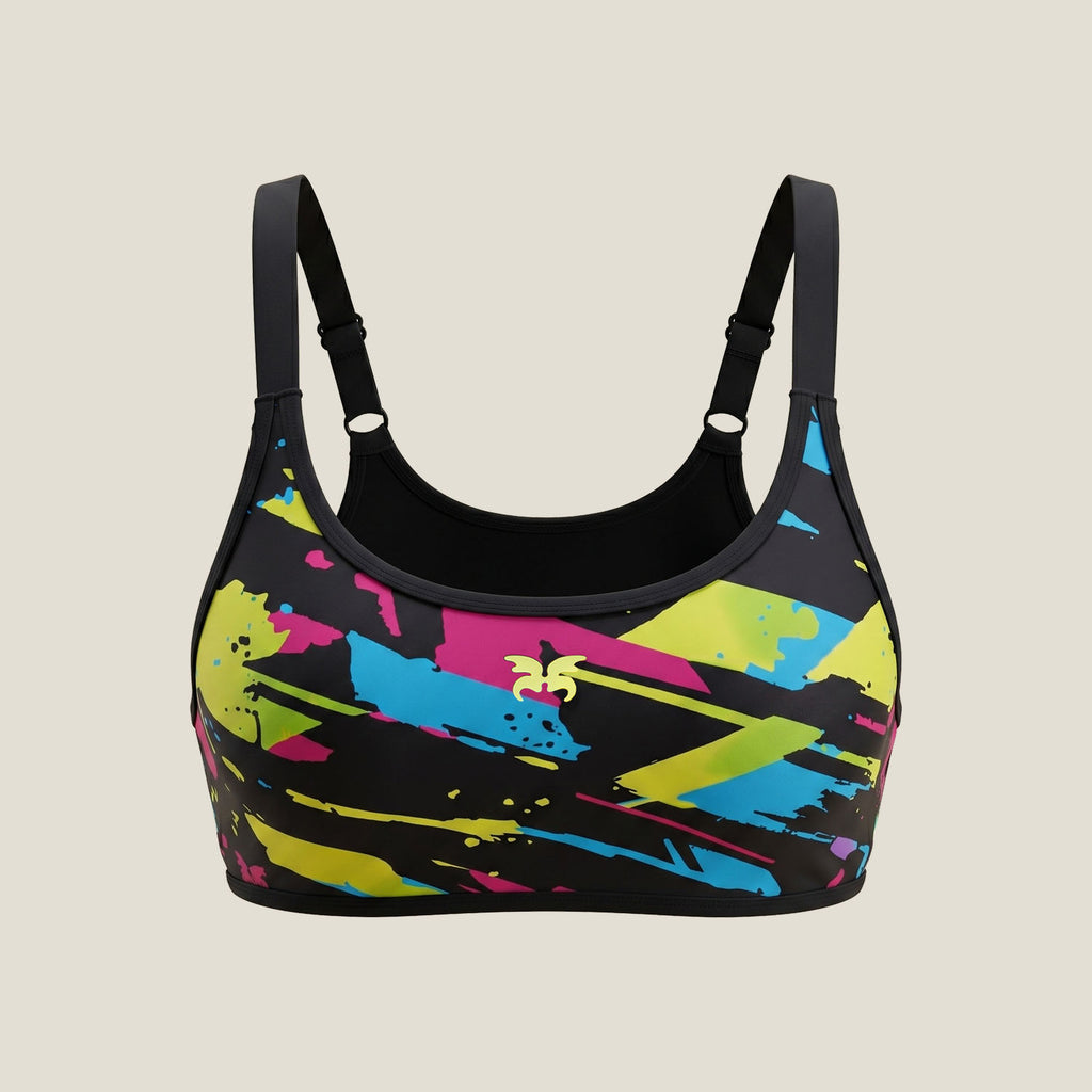 WUKA Lunafly Competition Bikini top, front view — racerback swim top for period swimwear sets
