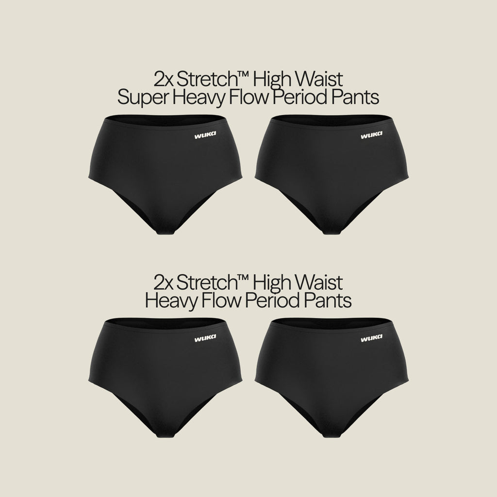 Flat lay of WUKA Stretch™ High Waist Postpartum Period Pants for heavy and super heavy flow, designed for ultimate leak-proof protection.
