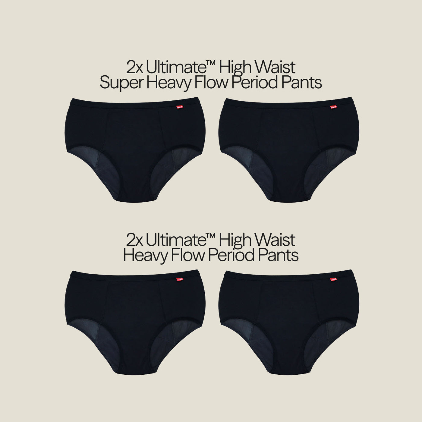 Flat lay of WUKA Ultimate™ High Waist Period Pants in black, featuring two super heavy flow and two heavy flow styles, designed for postpartum support and leak-proof protection.