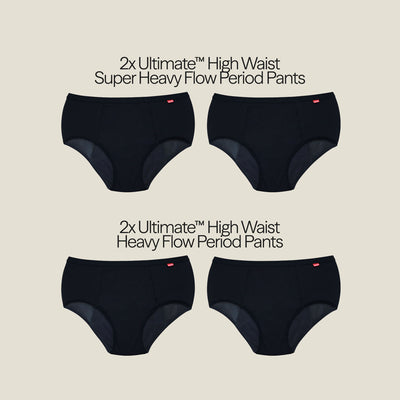 Flat lay of WUKA Ultimate™ High Waist Period Pants in black, featuring two super heavy flow and two heavy flow styles, designed for postpartum support and leak-proof protection.