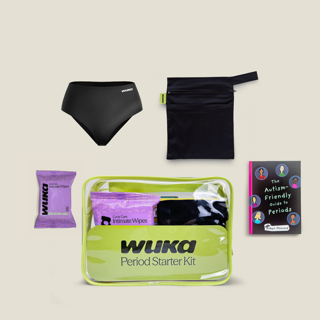 What’s inside the WUKA Period Starter Kit Autism-Friendly Guide to Periods edition, including period pants, wet bag, intimate wipes, and educational guide