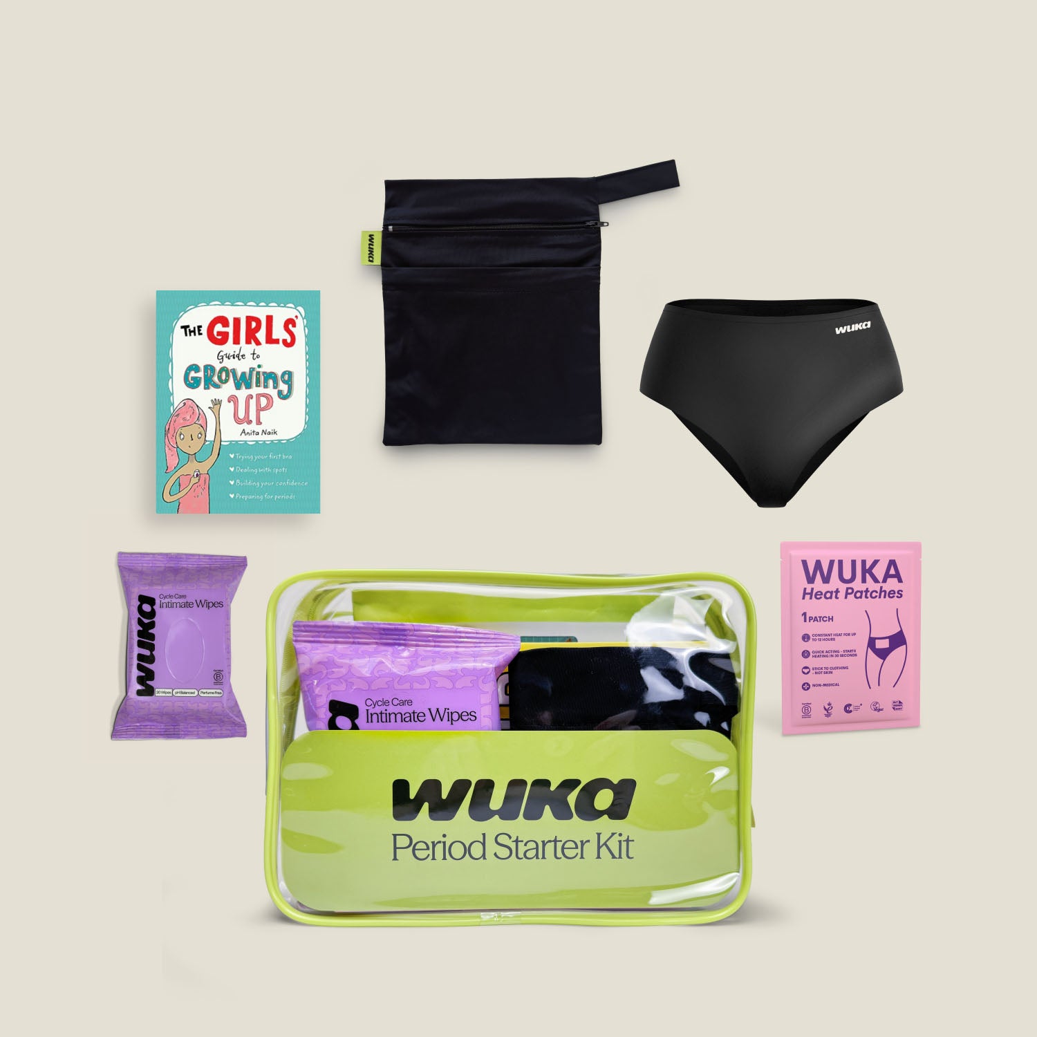 WUKA period starter kit contents including reusable period pants, waterproof wet bag, intimate wipes, heat patch and “The Girls’ Guide to Growing Up” book