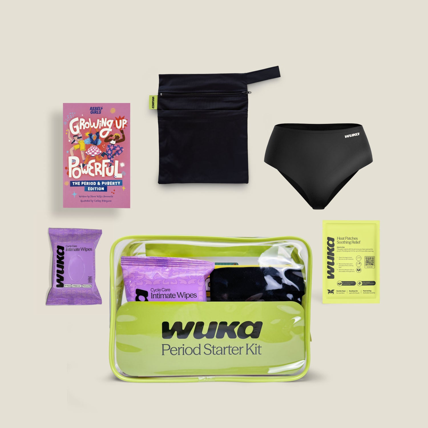 Teen period starter kit with period underwear, waterproof wet bag, heat patches, wipes and puberty guide book