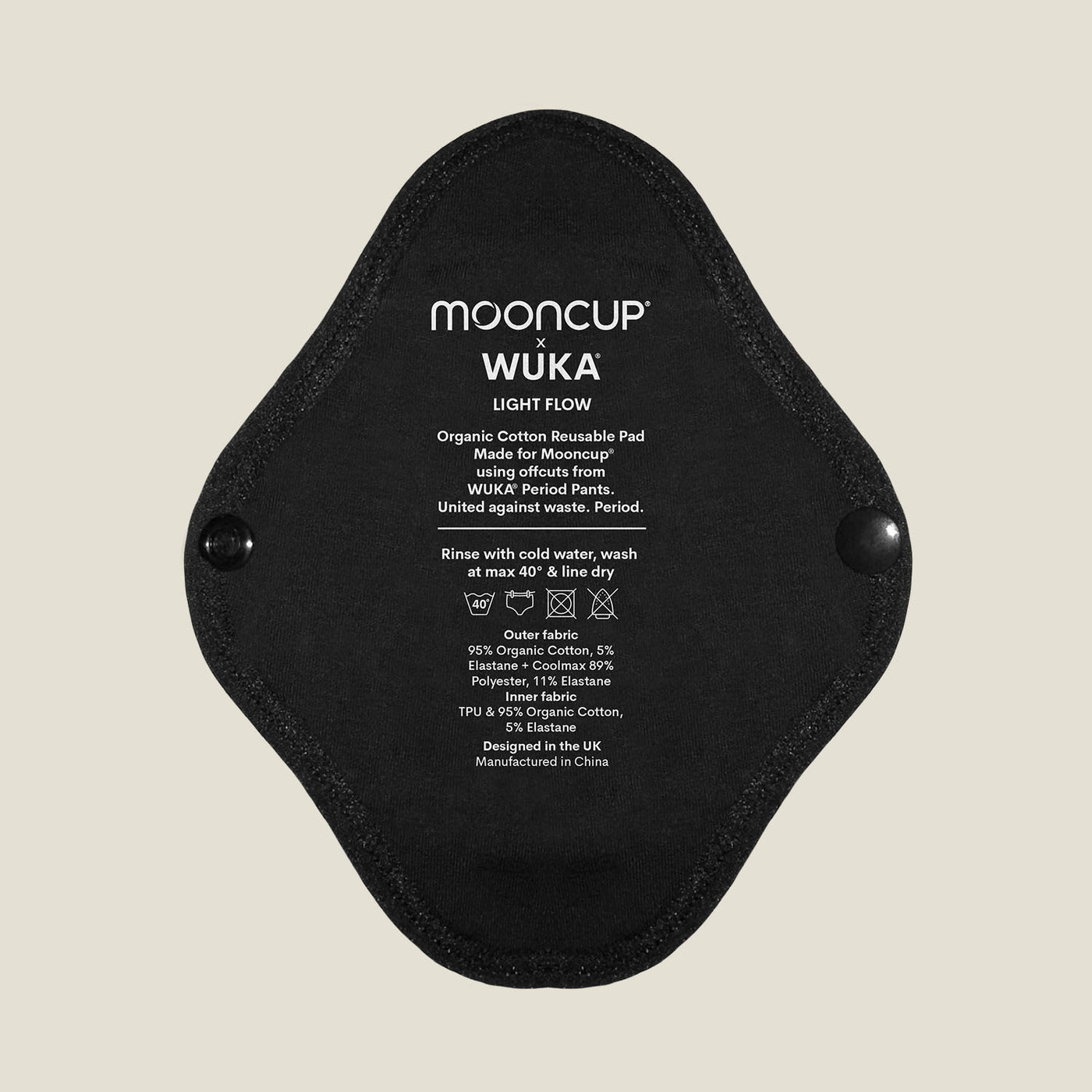 WUKA x Mooncup reusable panty liner for light flow with printed care instructions, made using soft and breathable organic cotton for daily comfort.