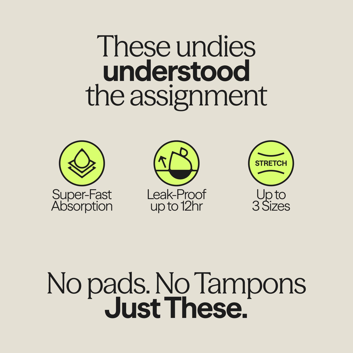 Infographic displaying key features of the WUKA Teen Sleep Stretch™ Boxer Heavy period underwear: super-fast absorption, 12-hour leak-proof protection, and stretch fit up to 3 sizes. Tagline: “No pads. No tampons. Just these.