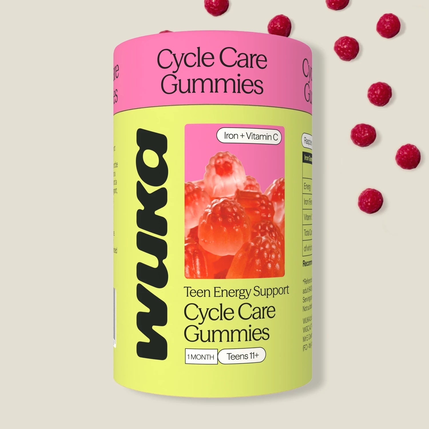 A cylindrical container of Wuka Cycle Care Gummies, featuring a bright yellow-green body and a pink top band. The label includes a pink image of gummy candies and text indicating 'Iron + Vitamin C' and 'Teen Energy Support'.