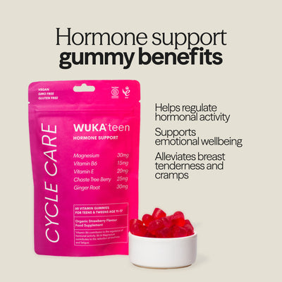 Image highlighting the hormone support benefits of WUKA Teen Gummies, including emotional wellbeing, cramp relief, and hormonal regulation.