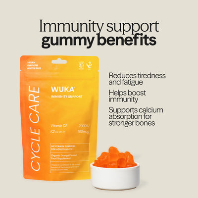 WUKA teen immunity support gummies with benefits listed: reduces tiredness, boosts immunity, and supports calcium absorption for strong bones.