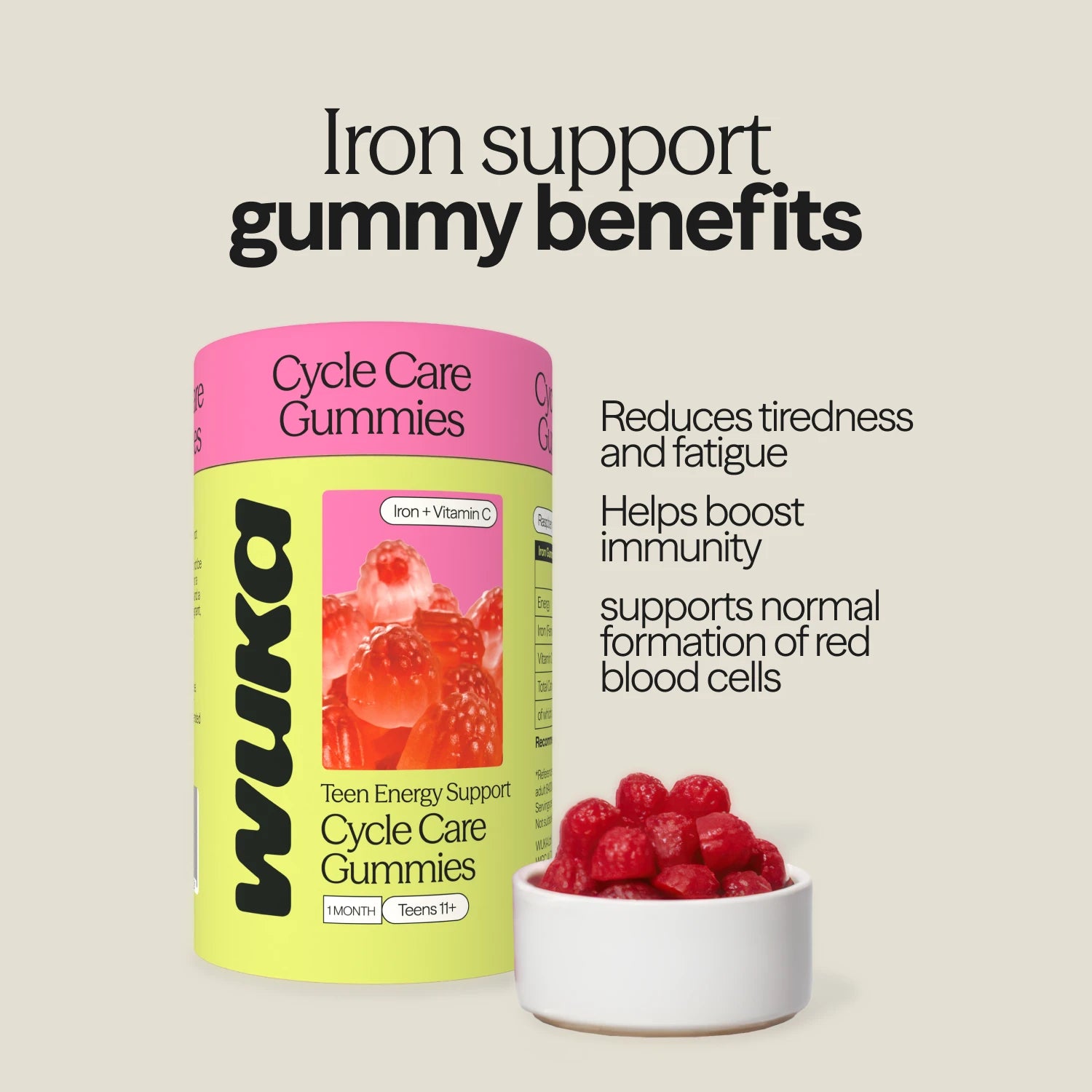 Image of WUKA Teen Iron Support Gummies with benefit highlights: reduces tiredness, supports immunity, and red blood cell formation.