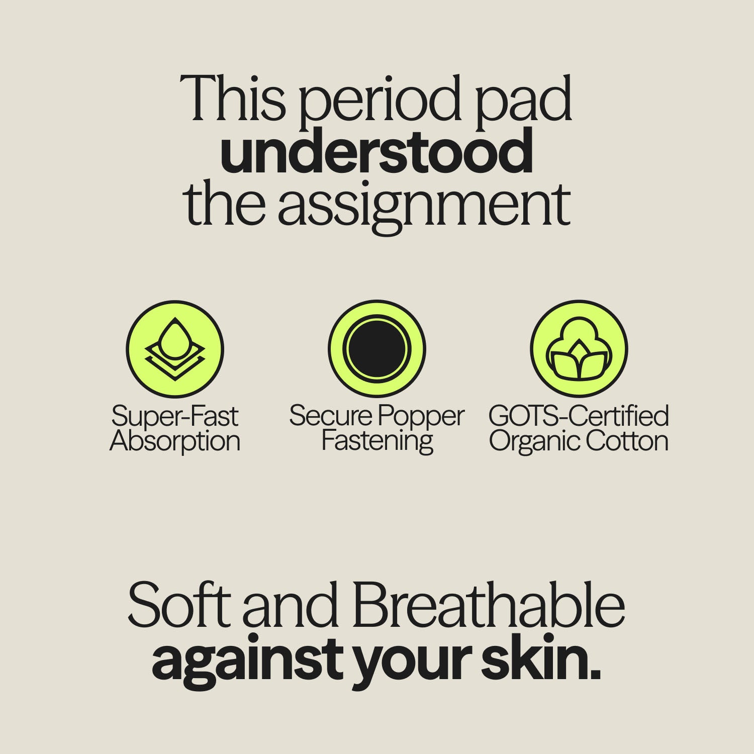 Reusable period pad infographic of the WUKA x Mooncup highlighting super-fast absorption, secure popper fastening, and GOTS-certified organic cotton
