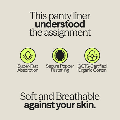 Infographic highlighting features of WUKA reusable panty liners including super-fast absorption, secure popper fastening, and breathable GOTS-certified organic cotton.