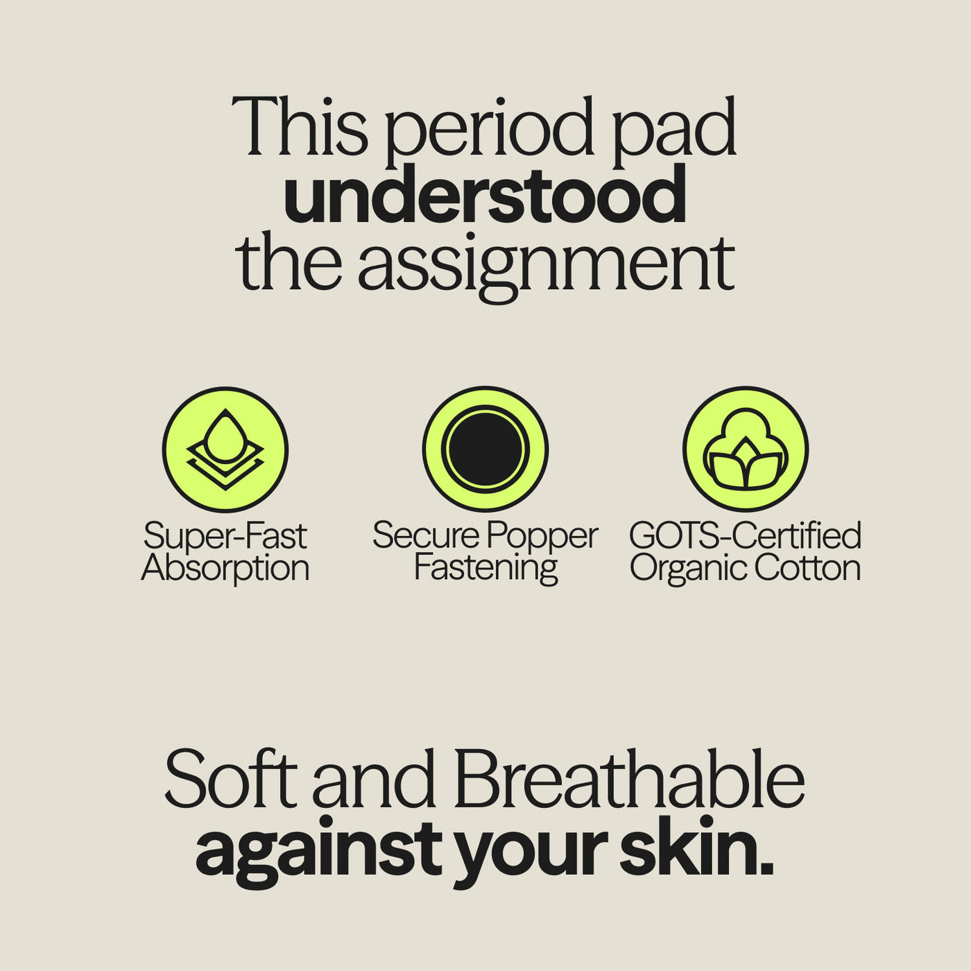 Graphic showing features of WUKA x Mooncup reusable period pad including super-fast absorption, popper fastening, and GOTS-certified organic cotton.