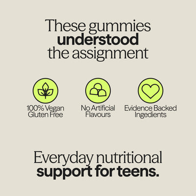 Key features of WUKA teen immunity support gummies: vegan, gluten-free, no artificial flavours, and made with evidence-backed ingredients.