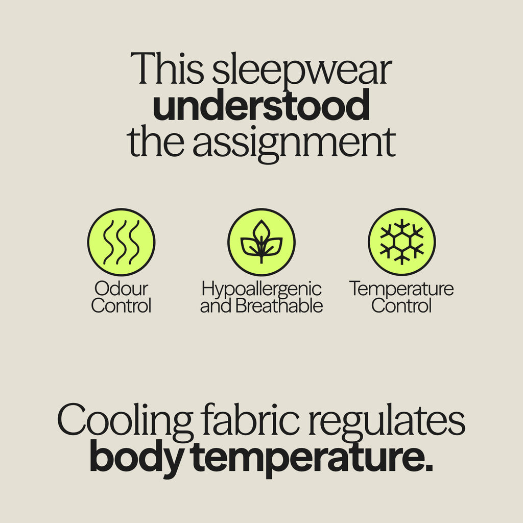 Infographic highlighting features of WUKA Menopause Sleepwear: odour control, hypoallergenic fabric, and temperature regulation.