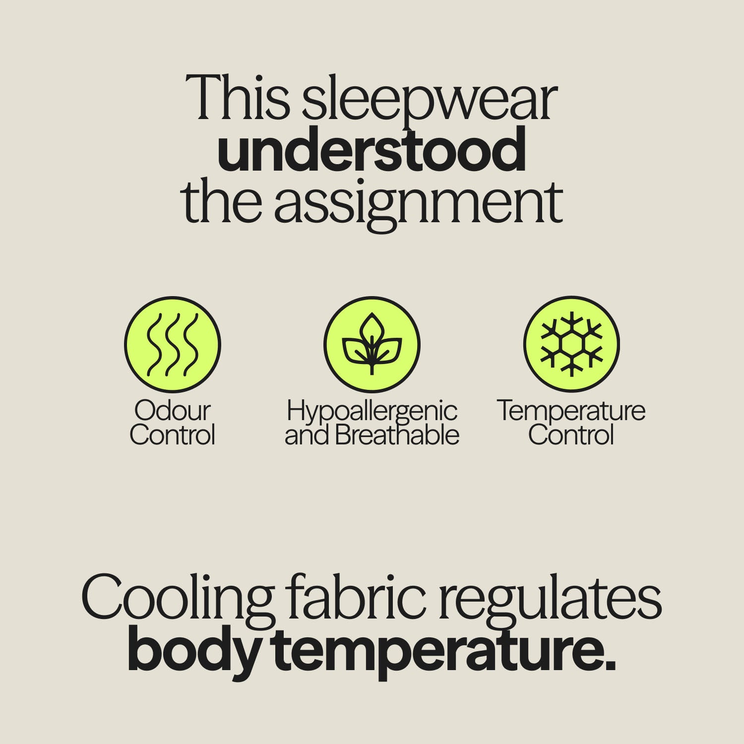 Infographic highlighting features of WUKA Menopause Sleepwear: odour control, hypoallergenic fabric, and temperature regulation.