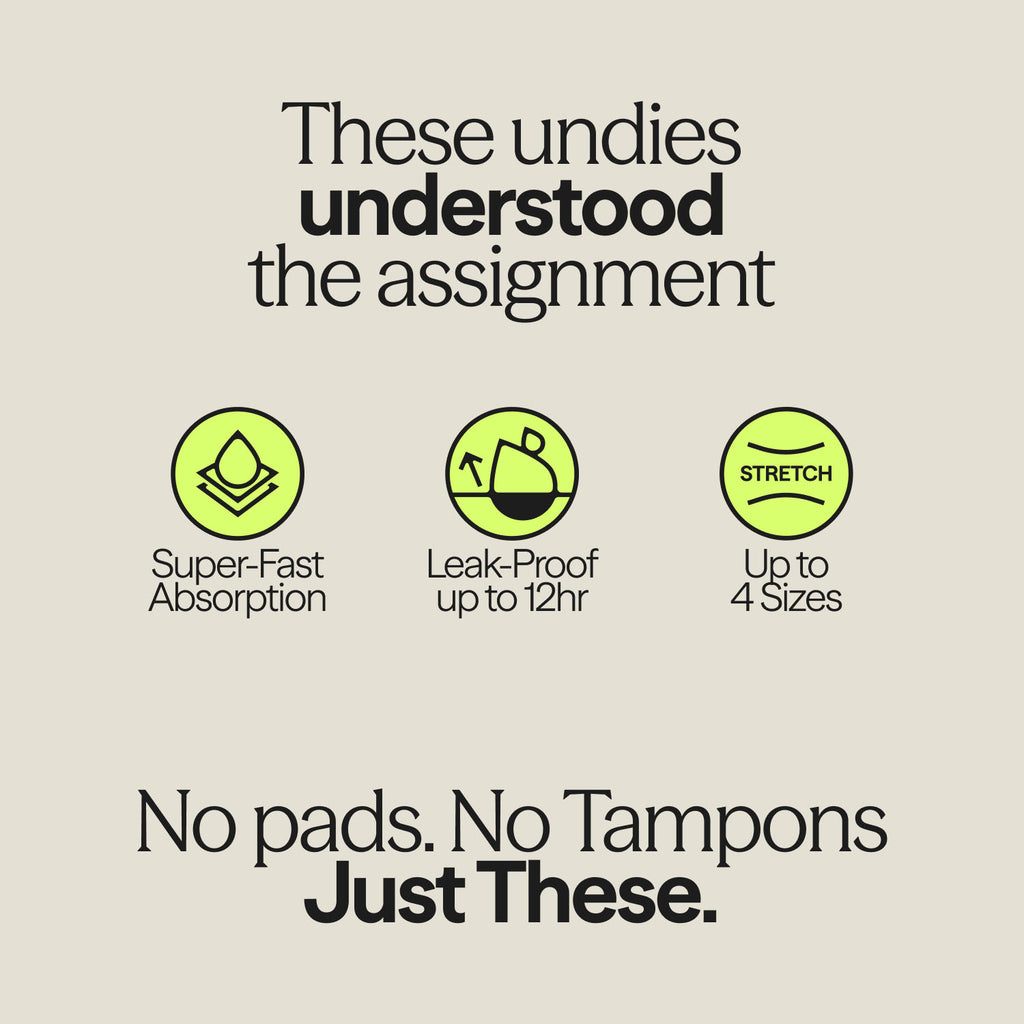 Infographic highlighting WUKA Stretch™ Postpartum Period Pants features: 12-hour leak-proof wear, fast absorption, and stretch fit for up to 4 sizes.