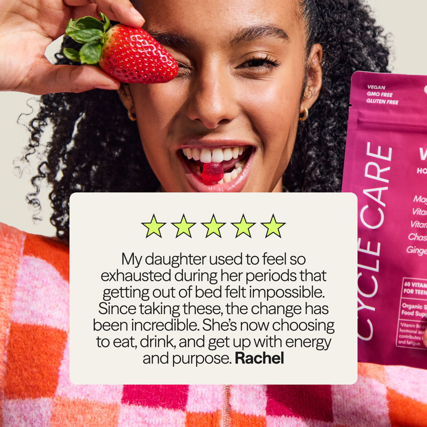 Parent review describing the positive impact of WUKA Teen Hormone Support Gummies on energy, focus, and emotional health during periods.