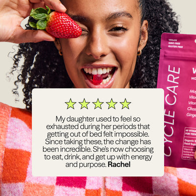 Parent review describing the positive impact of WUKA Teen Hormone Support Gummies on energy, focus, and emotional health during periods.