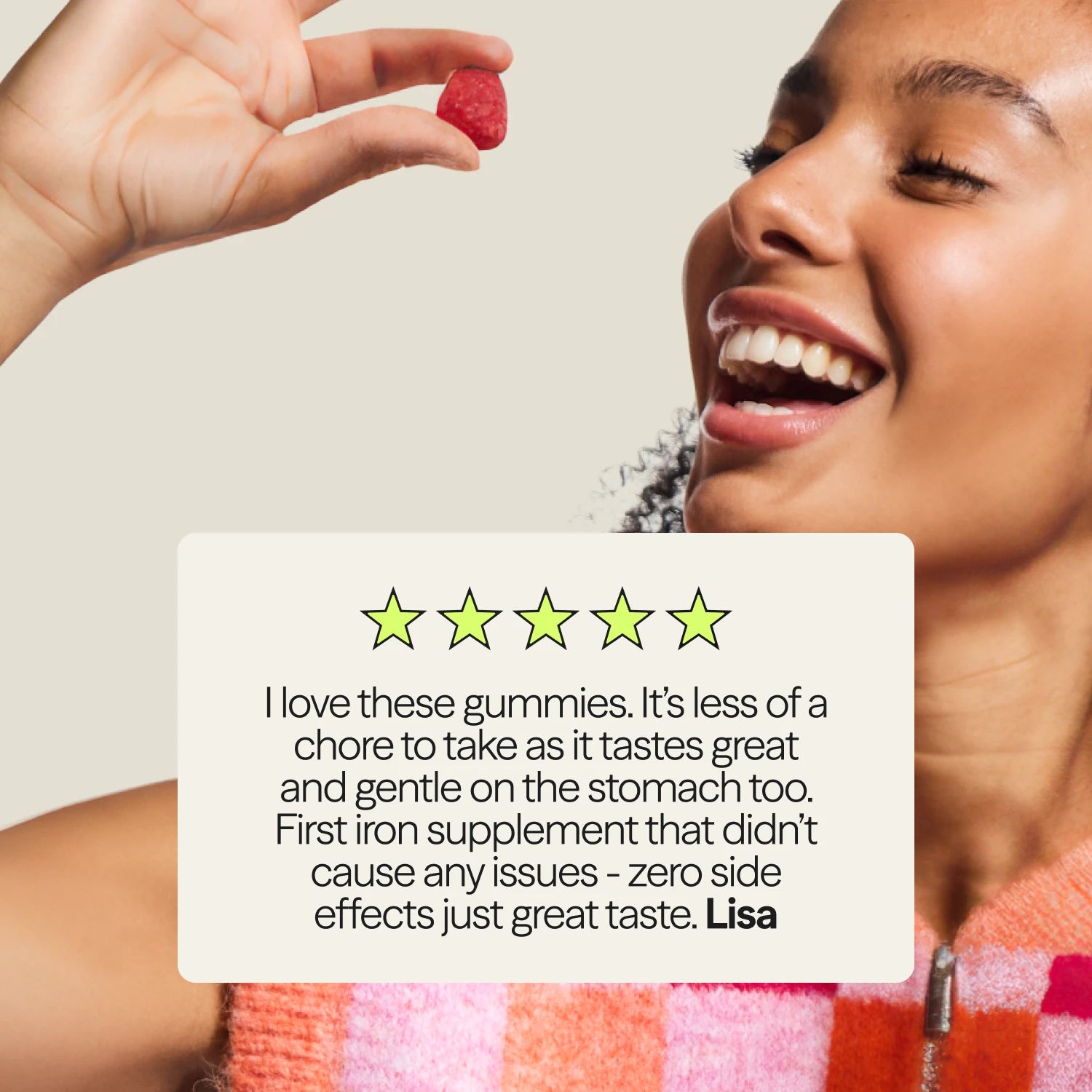 Teen enjoying WUKA Iron Gummies with a 5-star review highlighting taste, gentle formula, and effective iron support with no side effects.