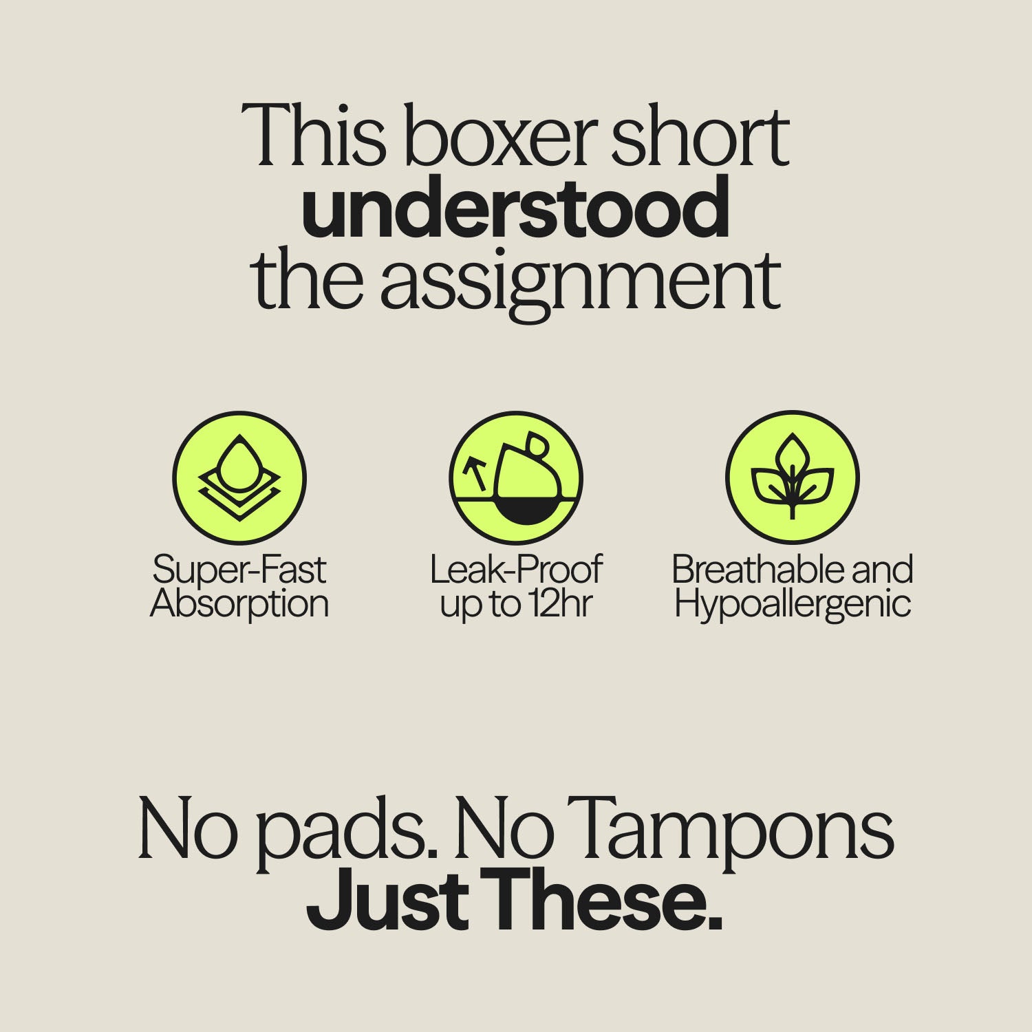 WUKA Ultimate™ Boxer Shorts product benefits graphic with icons showing super-fast absorption, 12-hour leak-proof protection, and breathable hypoallergenic design.