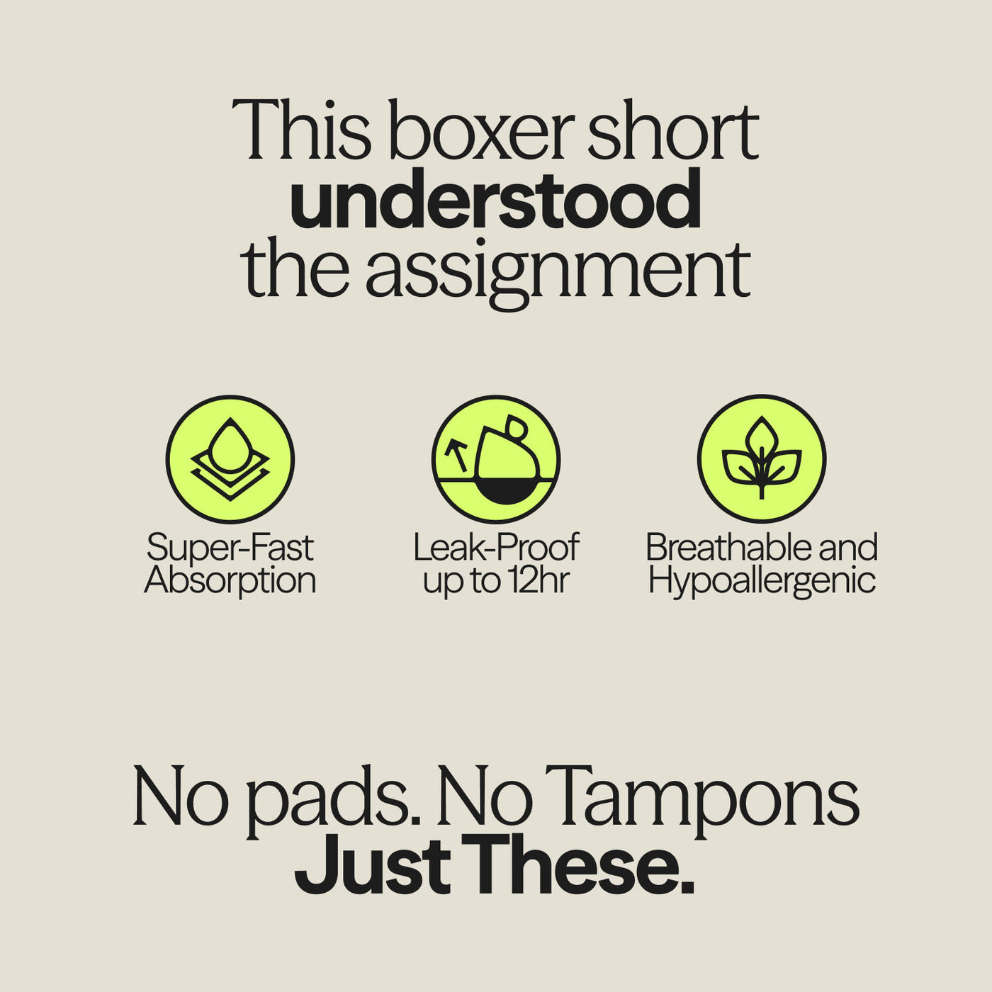 WUKA Ultimate™ Boxer Shorts product benefits graphic with icons showing super-fast absorption, 12-hour leak-proof protection, and breathable hypoallergenic design.