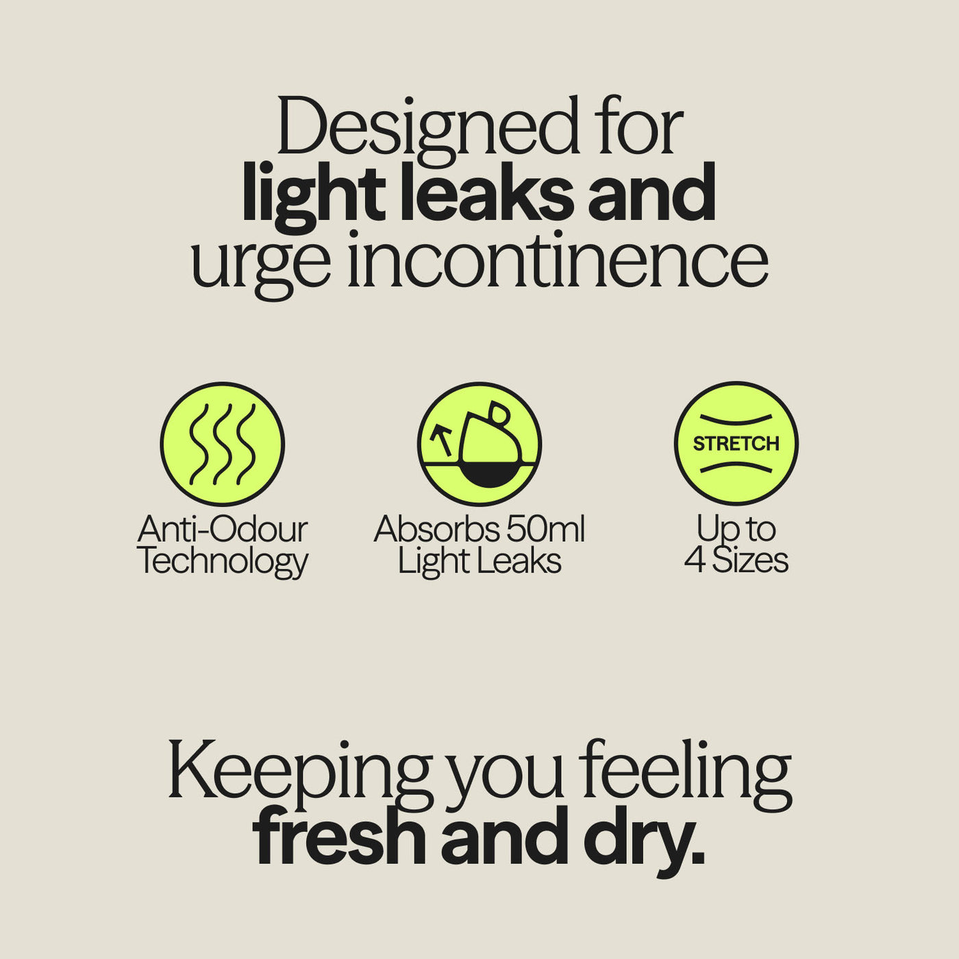 Infographic highlighting features of Drytech™ Incontinence Briefs including 50ml absorbency, anti-odour technology, and multi-size stretch.