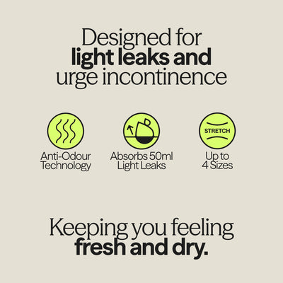 Infographic highlighting features of Drytech™ Incontinence Briefs including 50ml absorbency, anti-odour technology, and multi-size stretch.