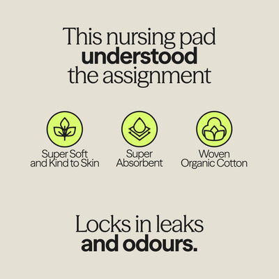 Infographic highlighting WUKA Nursing Pads' features: super soft, absorbent, and made from woven organic cotton, locking in leaks and odours.