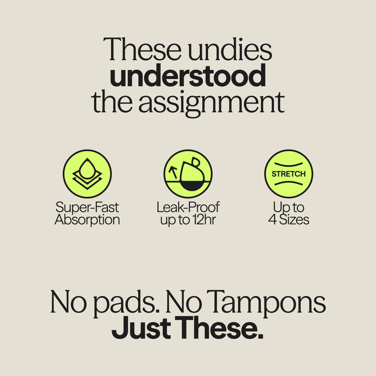 Graphic showing benefits of WUKA Stretch Seamless Period Pants – fast absorption, leak-proof up to 12 hours, fits 4 sizes.