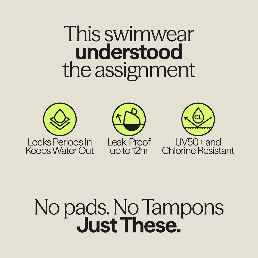 Infographic showing key features of WUKA Teen Period Swimwear – leak-proof for up to 12 hours, UV50+ and chlorine resistant.
