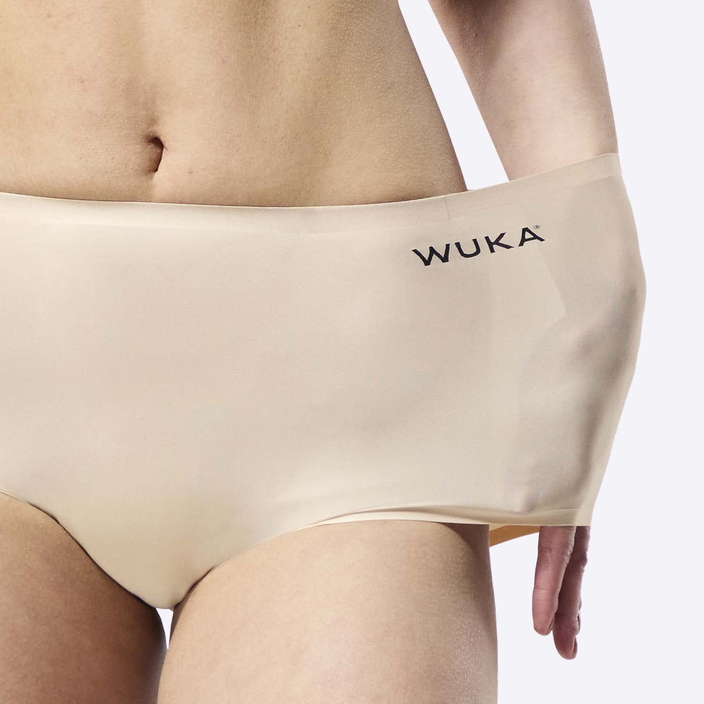 WUKA Stretch Period Short Adult Style Heavy Absorbency Light Nude Colour Stretch Detail Size 1