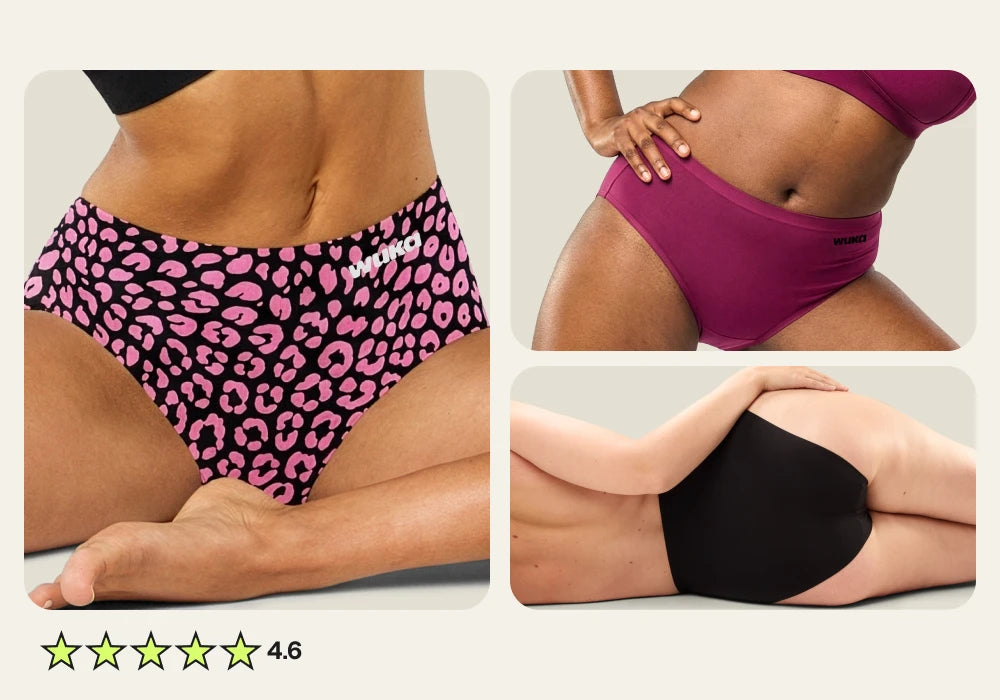 Three-panel collage showing women's stretch™ period underwear: a pink-and-black leopard print pair, a magenta solid pair, and a black solid pair. A star rating graphic appears at the bottom left. Buy 2 get 1 free on all adult stretch™ period pants roundel