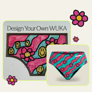 Custom printed teen period underwear mockup showing a large sample with the text 'Design Your Own WUKA' and a smaller preview of the actual printed pair. The underwear features a retro pattern with pink flowers, yellow smiley faces, and wavy teal and pink stripes.