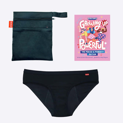 WUKA First Period Pack - Hipster Style - Medium Absorbency - Black Colour - Rebel Girls Growing Up Powerful