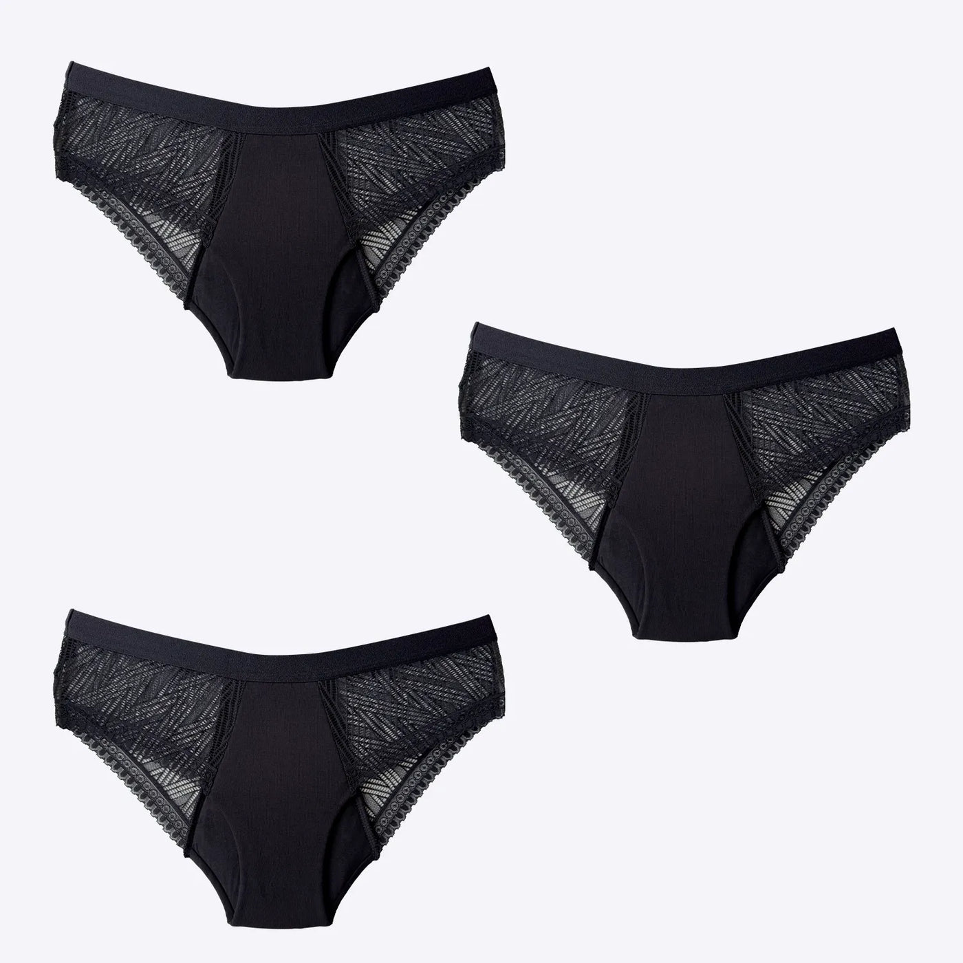 WUKA Ultimate Mesh Lace Hipster Brief Style Medium Flow Black Colour 3 Pack
