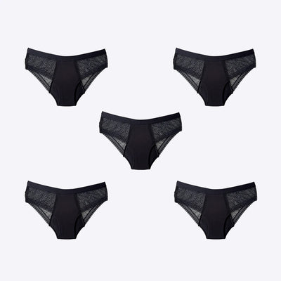 WUKA Ultimate Mesh Lace Hipster Brief Style Medium Flow Black 5 Pack