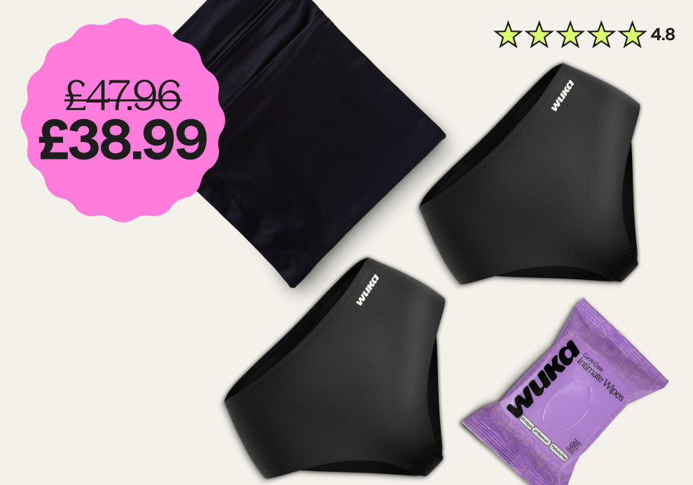 WUKA Go Bag flat lay featuring two Stretch Heavy Flow Period Pants, black 2-pocket changing bag, and purple intimate wipes, with £38.99 price tag and 4.8-star rating