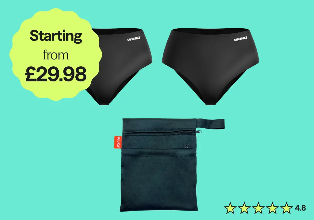 WUKA Period School Sets homepage banner featuring reusable period underwear and wet bag, starting from £29.98. Ultimate comfort and leak-free protection for school days, rated 4.8 stars