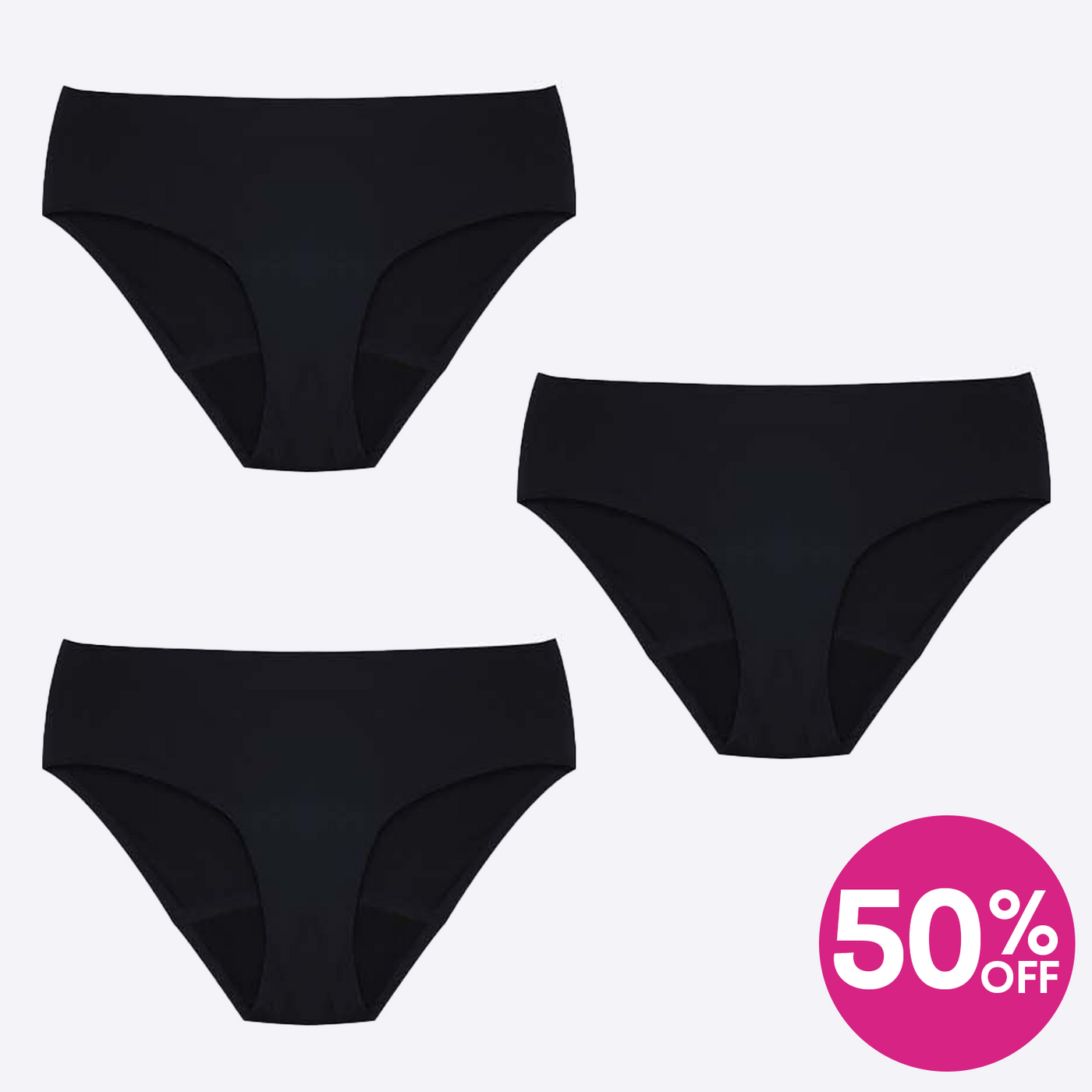 WUKA Perform Seamless Midi Brief Period Pants Style Medium Flow Black Colour 3 Pack