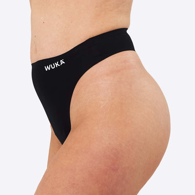 WUKA Stretch Thong Style Light to Medium Absorbency Black Colour Logo Side Size 1