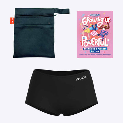 WUKA First Period Pack - Boxer Short Style - Heavy Absorbency - Black Colour - Rebel Girls Growing Up Powerful